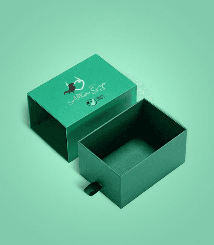 Open green rigid box showing luxurious packaging