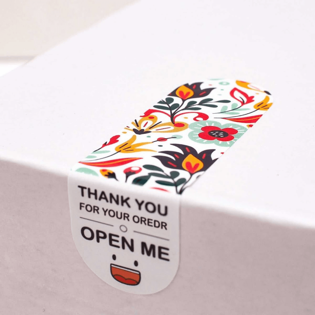 Custom thank you sticker label on white box